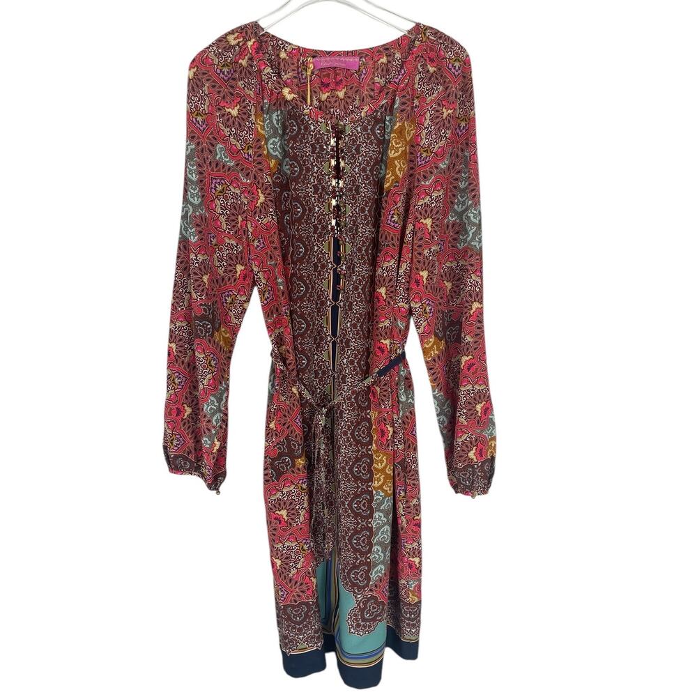 Robert Graham 100% Silk Printed Tunic Dress Embellished Boho Vacation Size 10